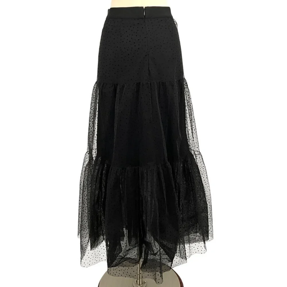 Akris Punto Tulle Maxi Skirt Black Size 2 Lined Polka Dot Sheer - Picture 3 of 11